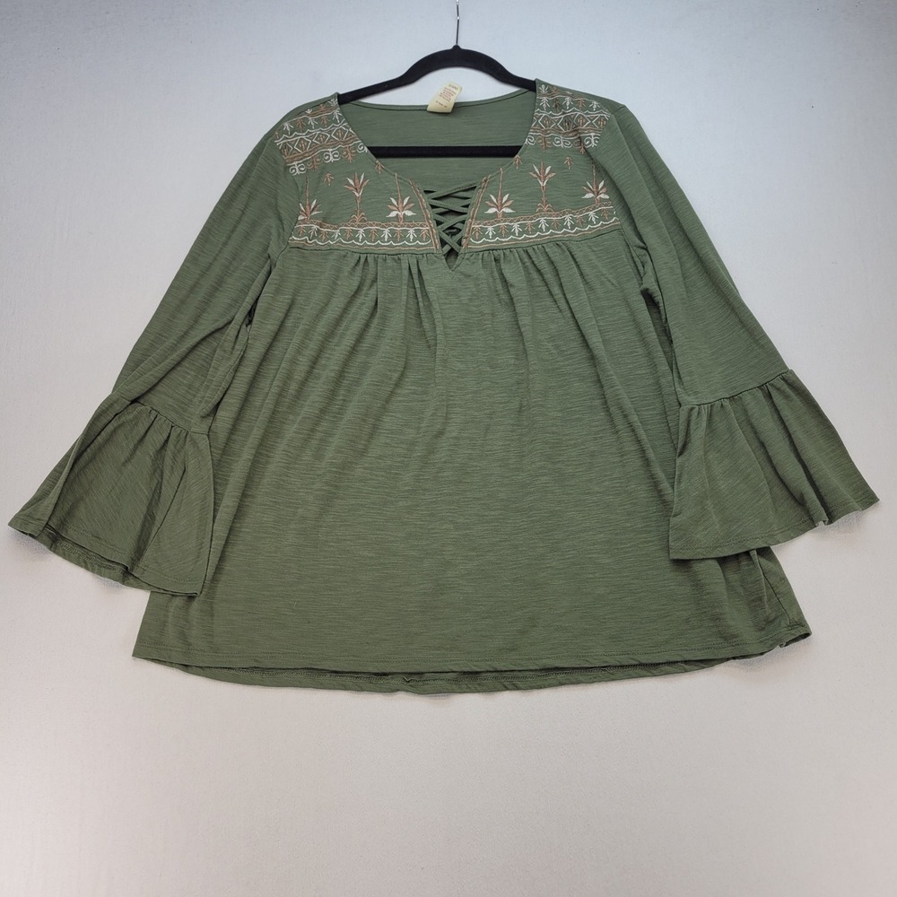 Faded Glory Blouse Women 1X 16W Olive Green Boho Embroidered Bell Sleeve Lace Up